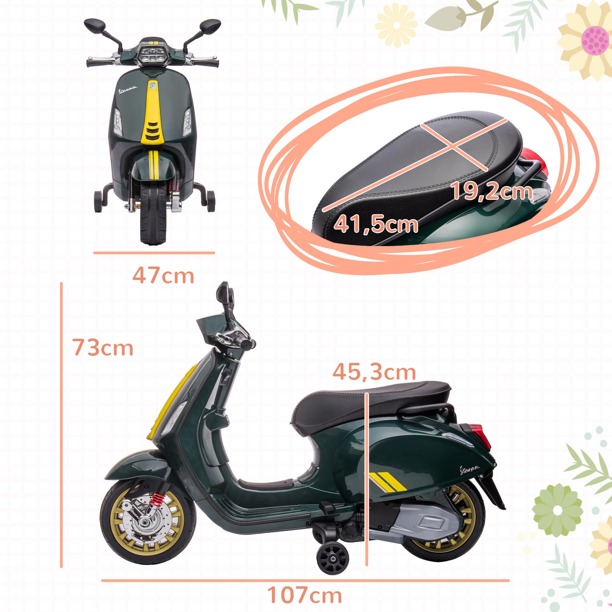 AIYAPLAY Scooter elettrico Vespa 6 V moto elettrica per bambini 3-6 anni dim. 107L x 47W x 73H cm Musica MP3 Porta USB Radio FM Faro 2 ruote di allenamento - Verde | Moto Elettrica Per Bambini 3-6 Anni, Musica MP3, Porta USB, Radio FM, Faro, 107L x 47L x