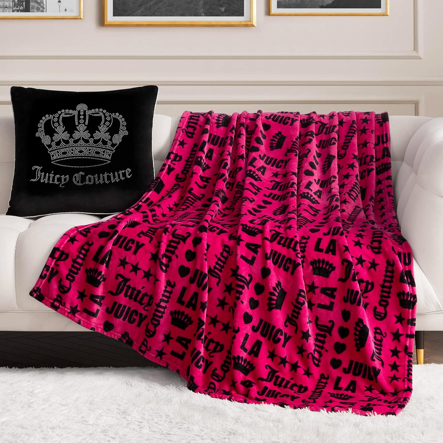 Juicy Couture Juicy Couture Luxurious Throw Blanket for Couch - 50” x 70” Inches - Crown Royal Blanket - Plush & Cozy Throw Blanket - Decorative Blankets for Sofas, Throws for Chairs, and Beds – Hot Pink/Black