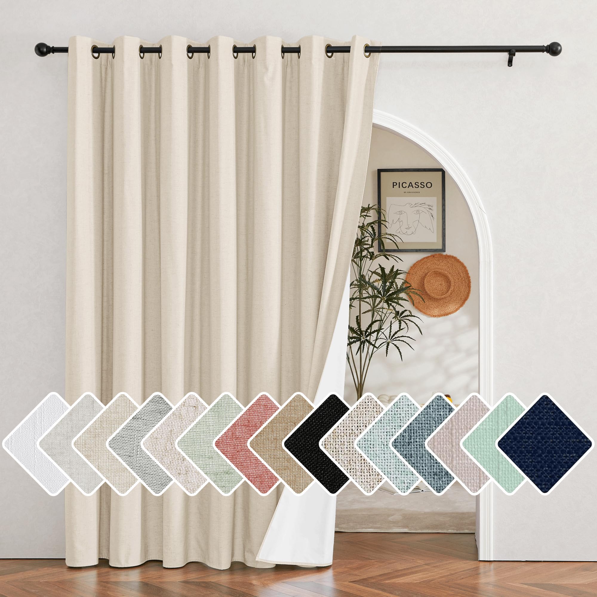 NICETOWN Beige Sliding Door Linen Blackout Curtain for Room Divider, Privacy Protection & Sound Reducing White Lined Insulated Wall Panel for Patio Door, Large Window (1 Piece, W100 x L84)