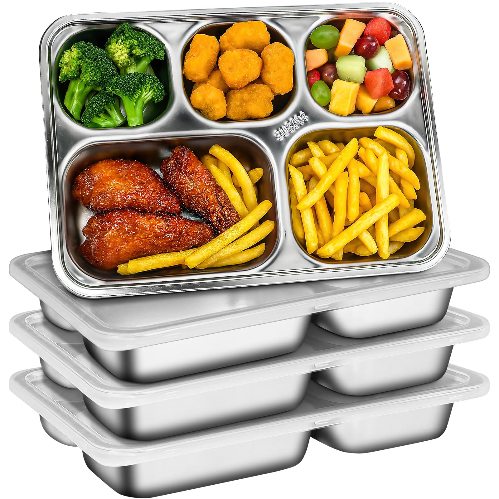 4 Pcs Stainless Steel Divided Plates, 5 Compartment Dinner Plates with Lid