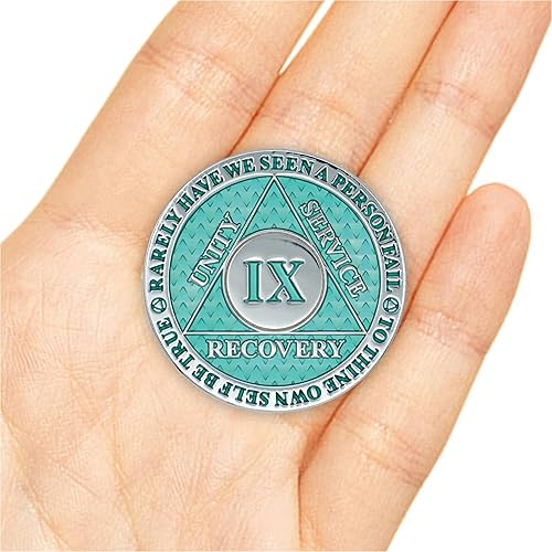 Miniatura 5 de Moneda de sobriedad de 9 años  Chip AA Legacy  Ficha de aniversario de recuperación de triplaca gruesa (aguamarina)