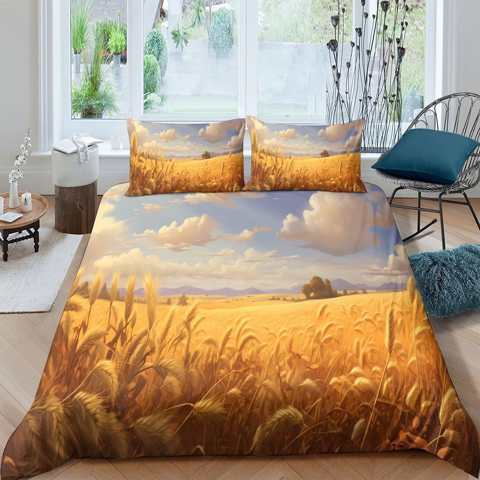 Ctjqhvkz Style-5 3D Printed Wheat Field Fitted Sheet Microfiber Soft Bed Cover Clouds Landscape Mattress Cover Bedroom Decor Single（135X200cm）