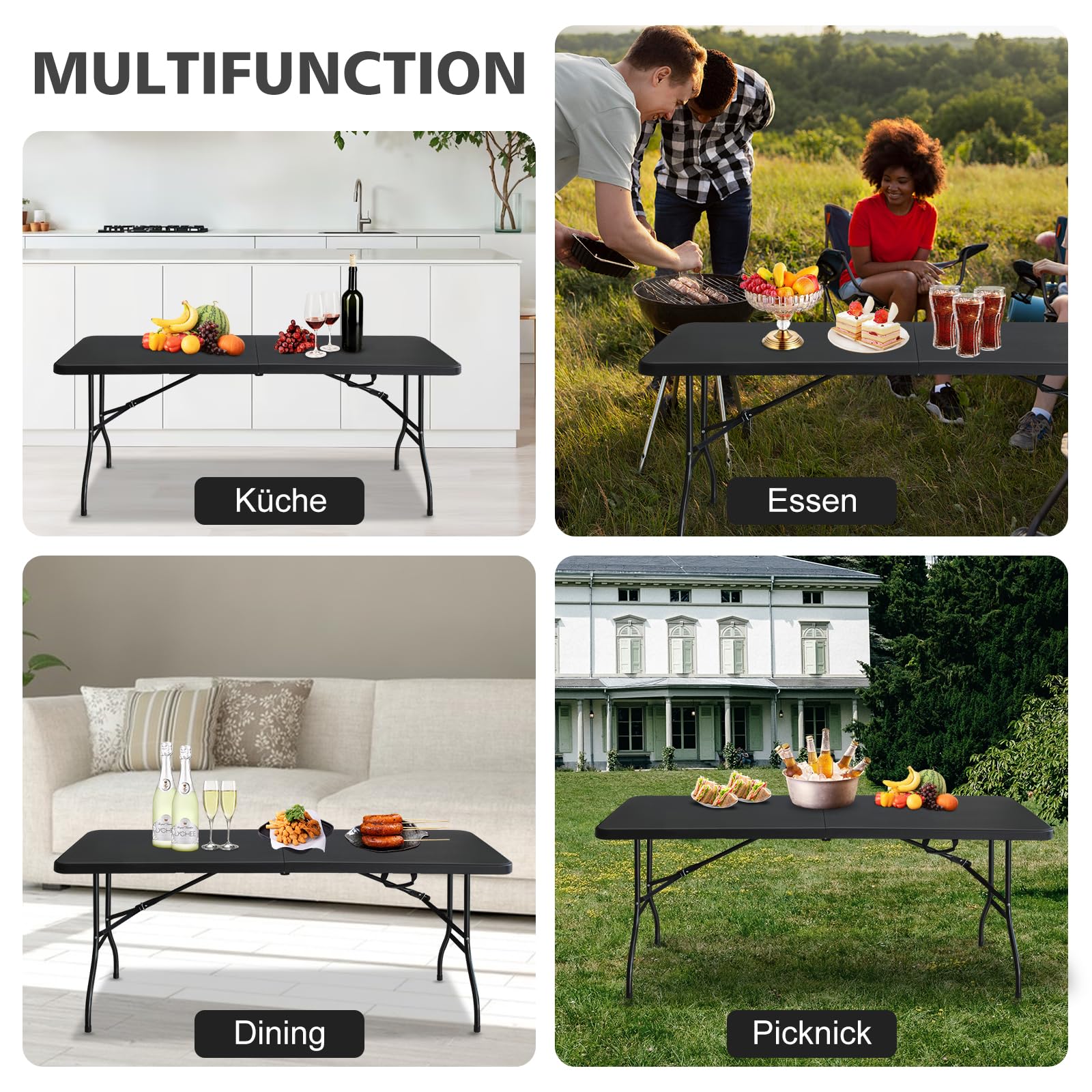 Klapptisch 180x74cm Kunststoff Klappbar Gartentisch Multifunktional Campingtisch mit Griff für BBQ, Camping, Party Schwarz