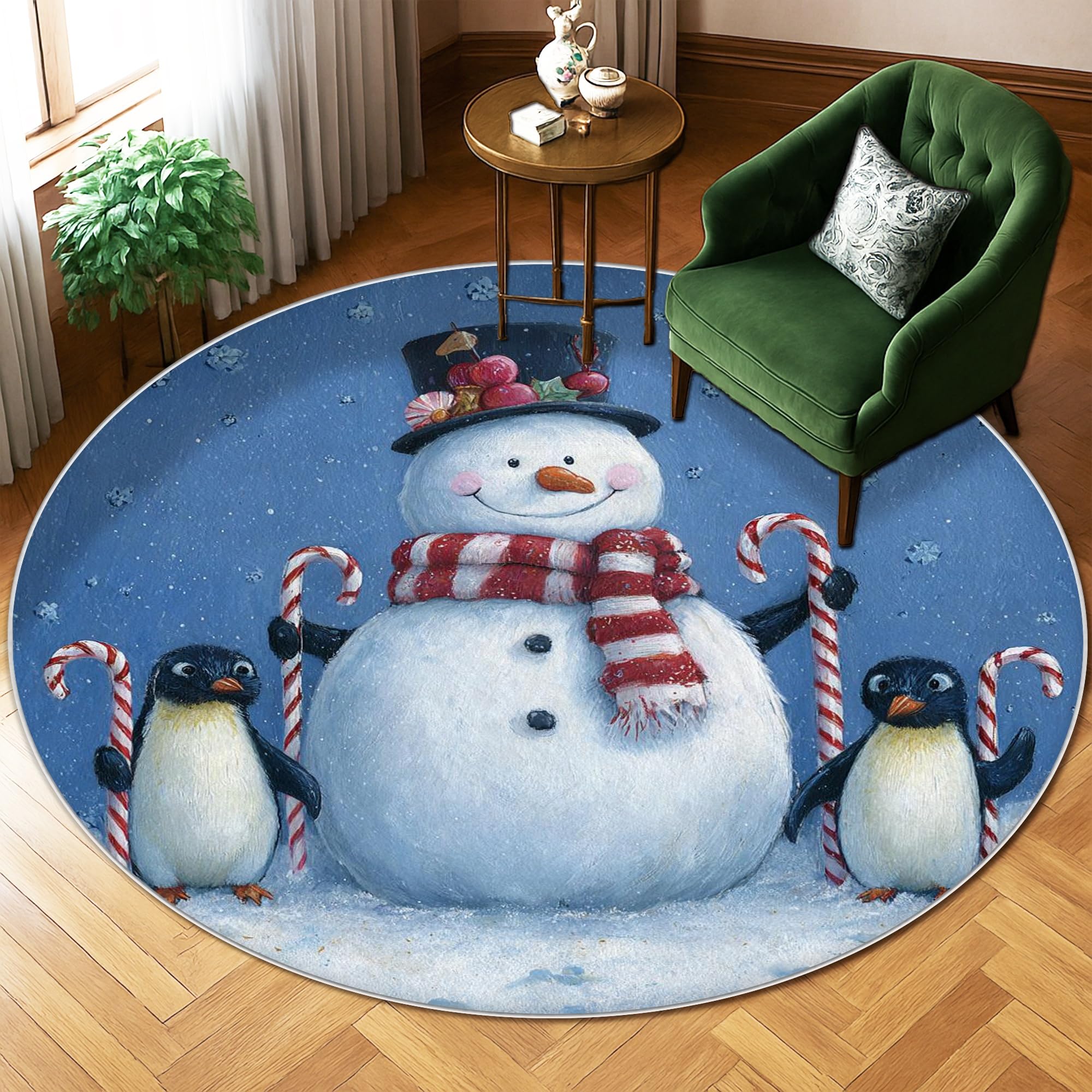 Tapis bonhomme de neige bleu rond 1,8m anti-taches pour chambre