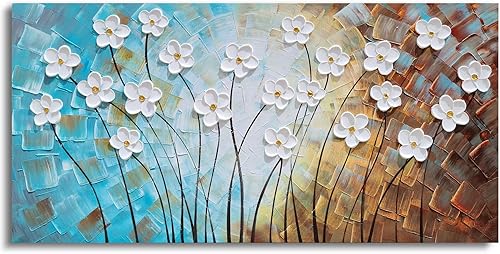 Miniatura 2 de YHSKY ARTS Lienzo de flores pintado a mano 3D turquesa, marrón, blanco, pintura moderna abstracta floral, arte estético para sala de estar,