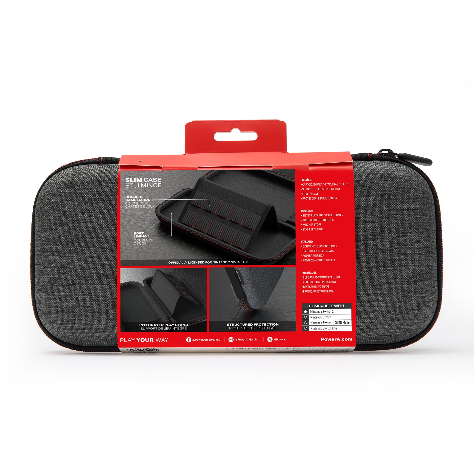 Close-up of the PowerA Kirby Mouthful Protection Case for Nintendo Switch 2, highlighting the integrated play stand and game card storage.
