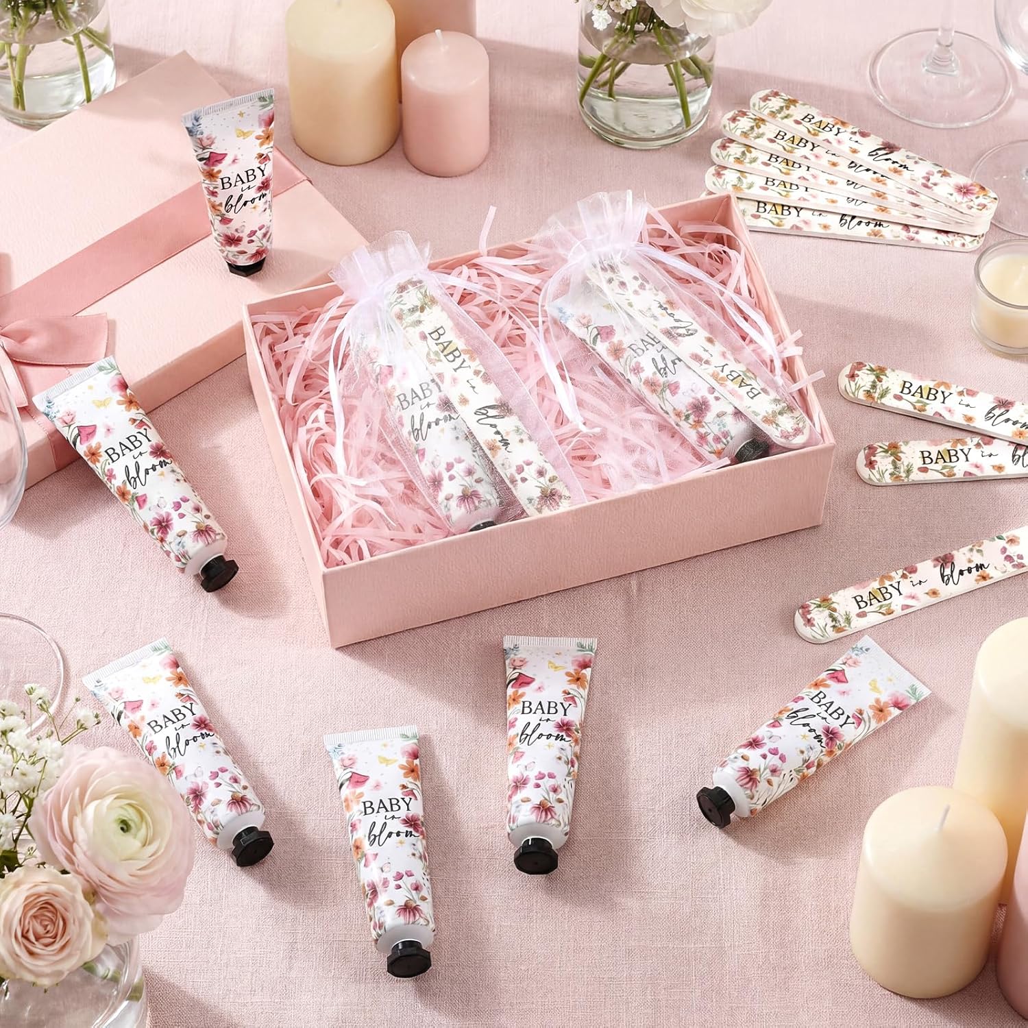 Landhoow 24 Sets/ 72 Pcs Baby in Bloom Baby Shower Hand Cream Nail File Gift Bulk Wildflower Favors for Guests Travel Size Thank You Gifts Organza Bags Birthday Decoration Souvenir for Winner Guests