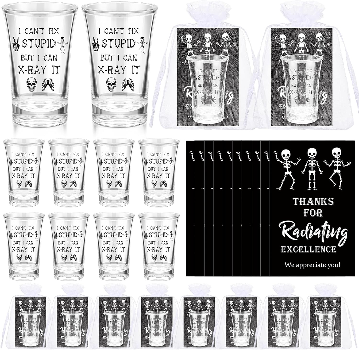 Meanplan 30 Sets X-Ray Tech Gift Bulk Radiologic Tech Gift Funny Skeleton Acrylic Shot Glasses with Thank You Card Organza Bag for Nurse Doctor Nursing Student Office