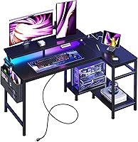 DUMOS Reversible L-Shaped Gaming Desk 40 Inch with LED Lights, USB Type-C Ports, Power Outlets, Storage Shelves & Monitor Stand - Black