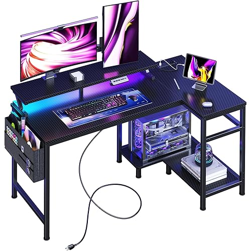 DUMOS Gaming Desk, Computer Desk with USB Charging Ports, Power Outlets, Type-C and LED Lights, Reversible L Shaped Desk with Storage Shelves & Monitor Stand for Office, Gaming Room Black 40IN