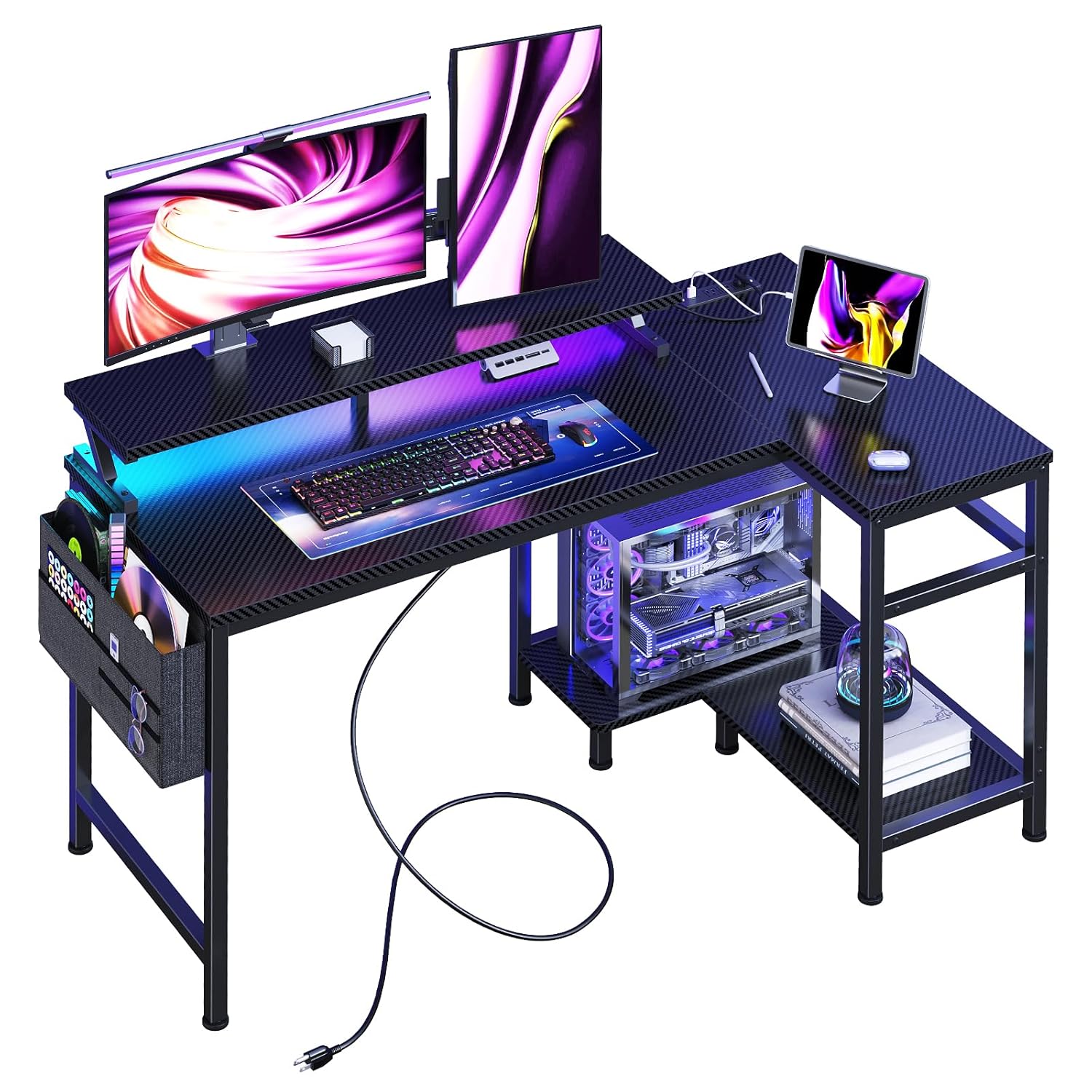 DUMOS Gaming Desk Computer Desk with USB Charging Ports Power Outlets Type-C and LED Lights Reversible L Shaped