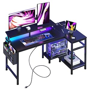 DUMOS Gaming Desk Computer Desk with USB Charging Ports Power Outlets Type-C and LED Lights Reversible L Shaped