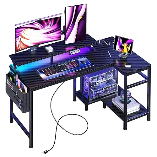 DUMOS Gaming Desk, Computer Desk with USB Charging Ports, Power Outlets, Type-C and LED Lights, Reversible L Shaped Desk with Storage Shelves & Monitor Stand for Office, Gaming Room Black 40IN - Black - 40 Inch