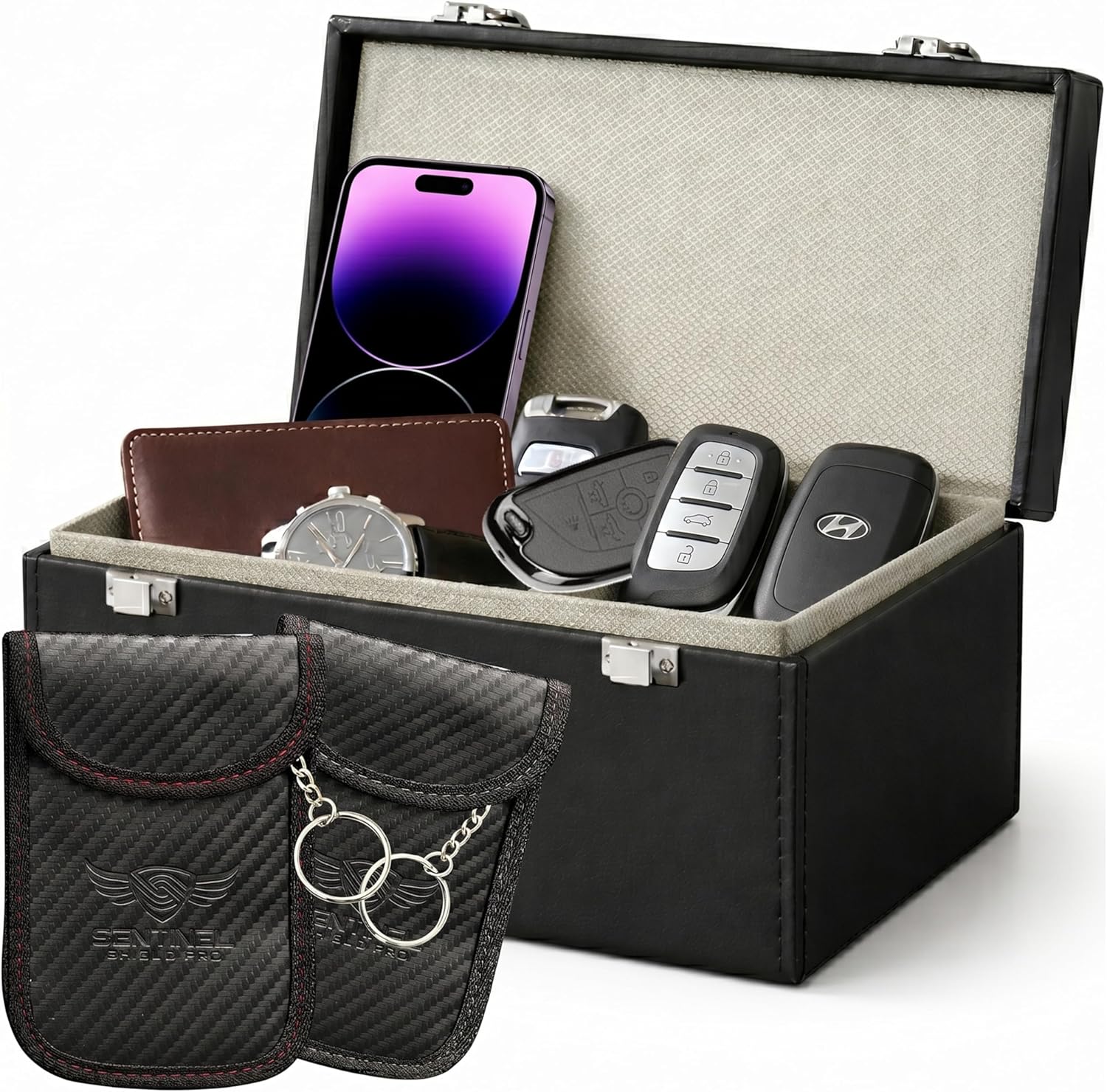 Premium Faraday Box with 2 Faraday Pouches for Car Keys - RFID Signal Blocking Box, Keyless Entry Key Fob Protector, Anti-Theft Signal Blocker for Car Security with PU Leather Design [Large Capacity]