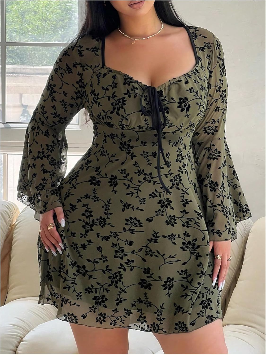 Floerns Women's Plus Size Floral Gothic Dress Flare Long Sleeve Mesh Grunge A Line Dress - Image 3