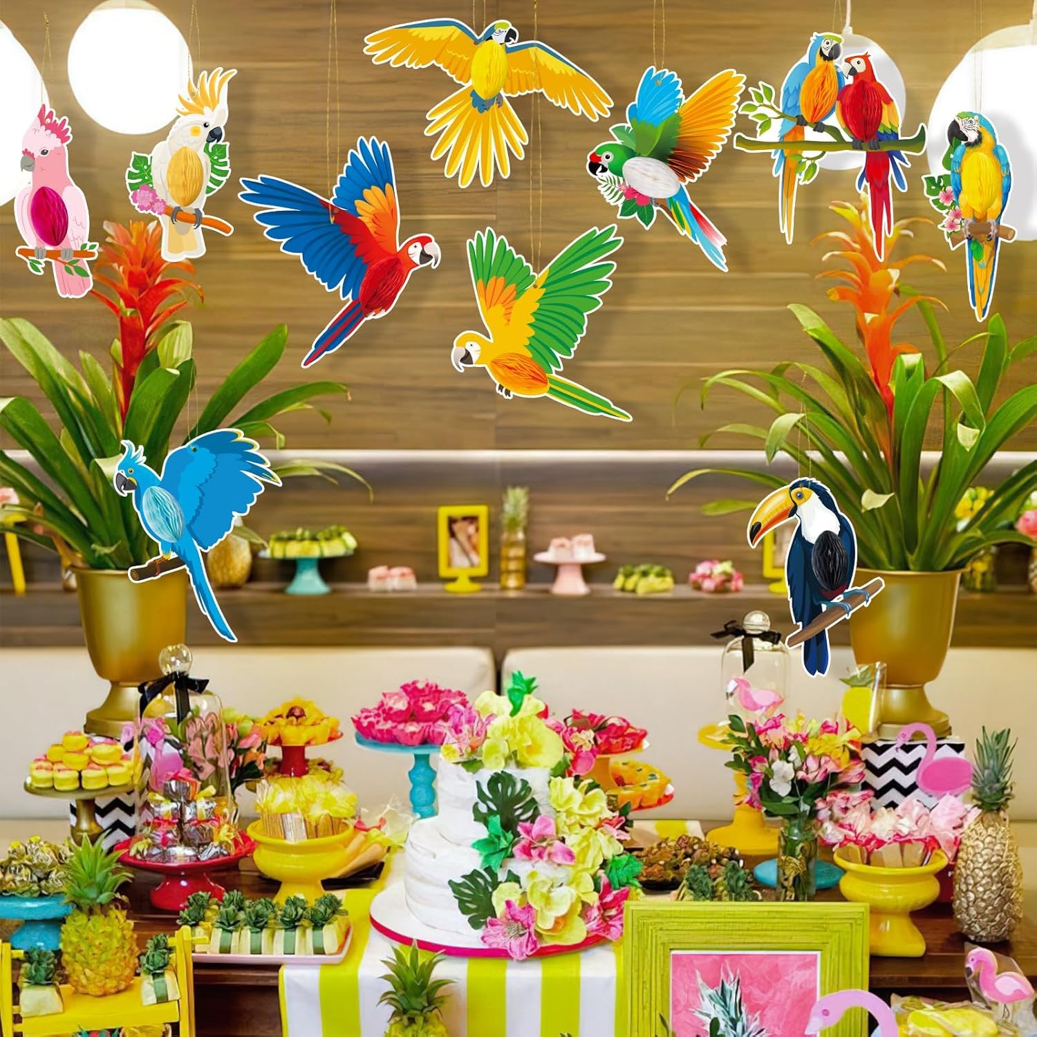 LMSHOWOWO 9 Pièces Oiseaux Tropicaux Deco, Oiseaux Tropicaux Nid d'abeille, Perroquet Decoration Suspendu, Suspendu Papier Perroquet pour Hawaiian Summer Beach Luau Tropical Jungle Party Décorations
