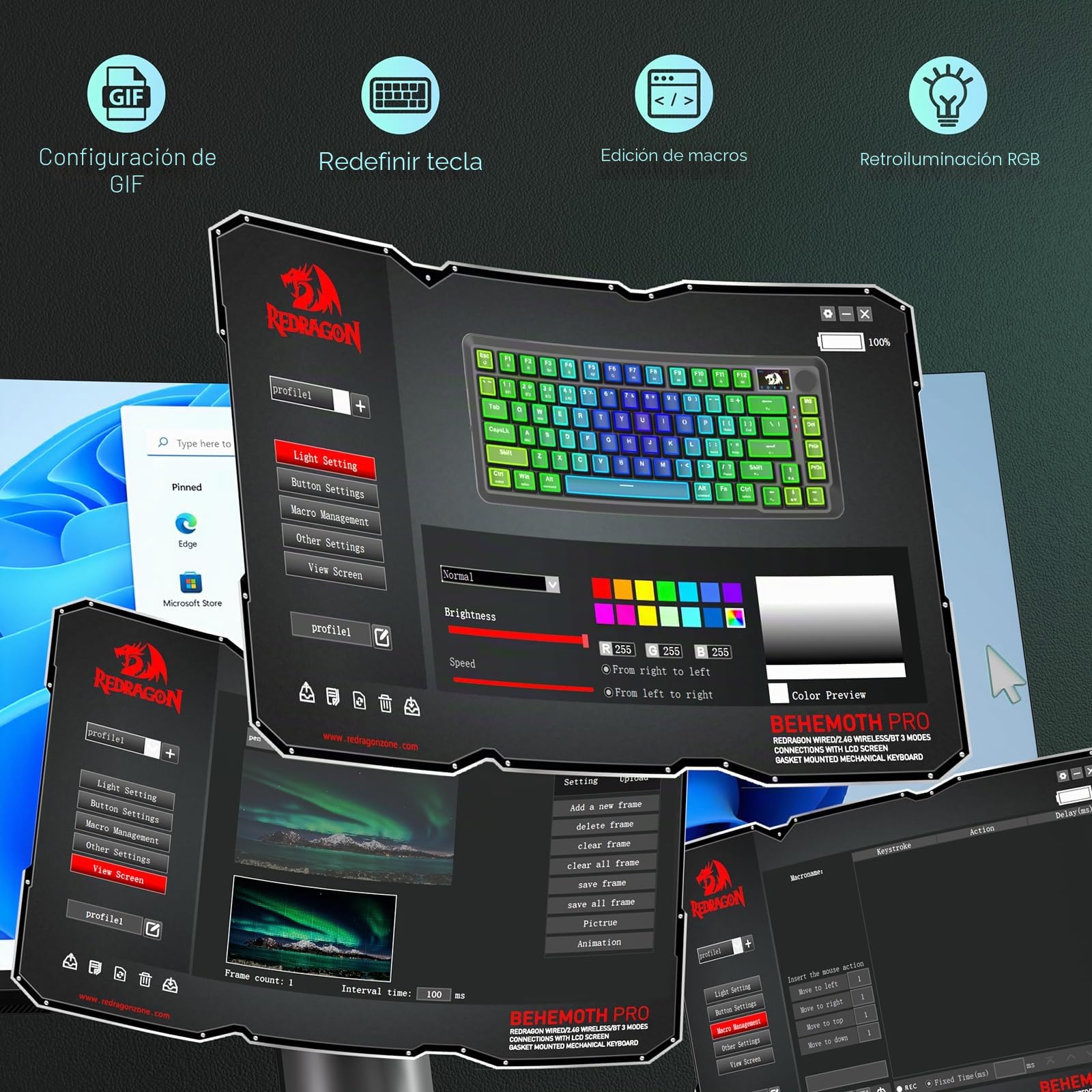 Redragon K724 Pro Teclado Gaming Gasket Inalámbrico Pantalla TFT 80% | Pantalla TFT 1,14 Pulgadas Perilla Control 5 Capas Atenuación Ruido Mecánico US Layout