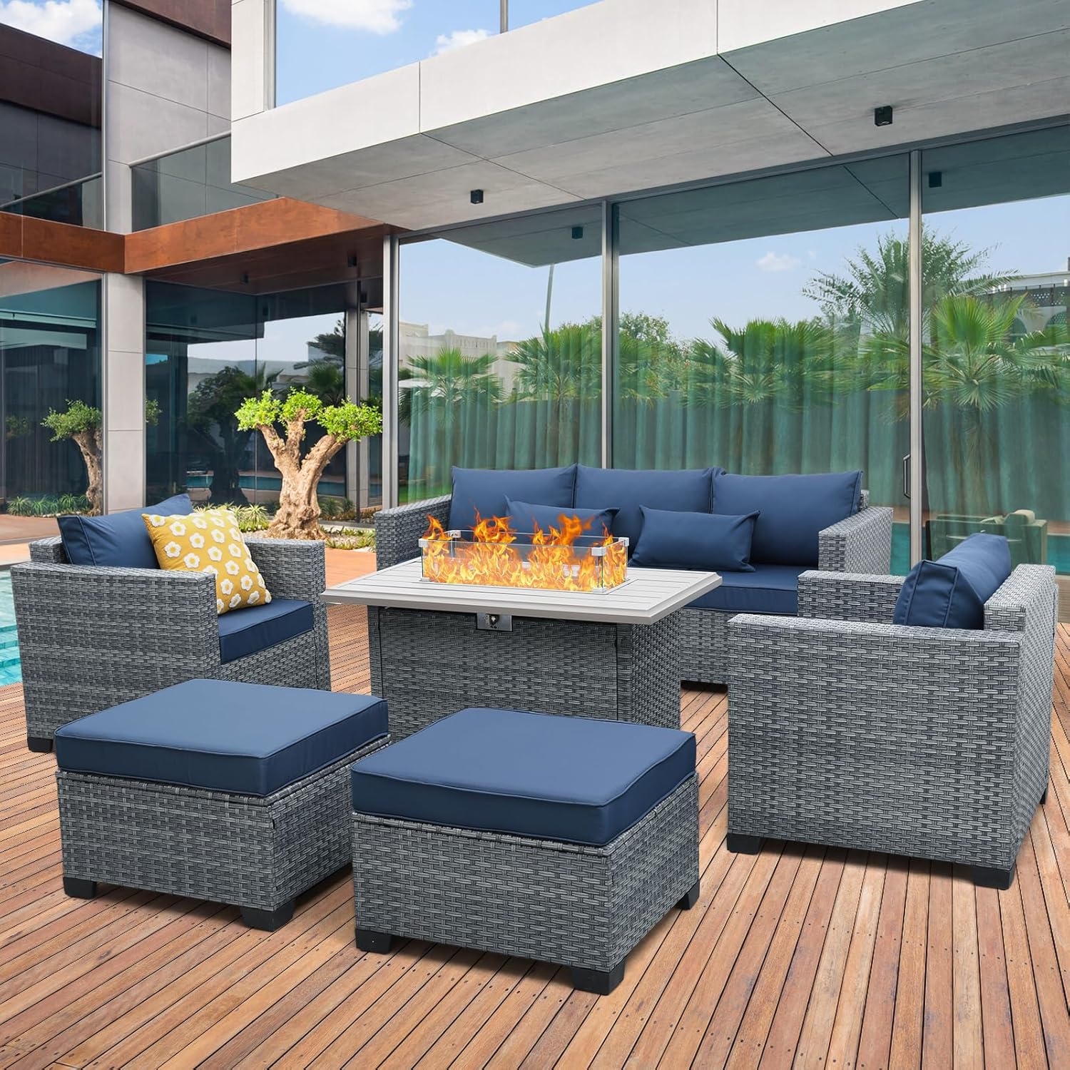 6 Pieces Wicker Patio Furniture Sets Outdoor Conversation Set PE Rattan Sectional Sofa Couch with 45" Fire Pit Table and Royal Blue Cushions