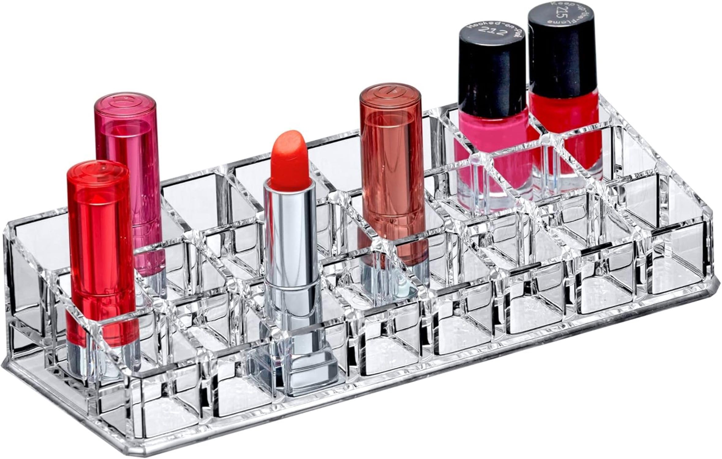 24 Slot Acrylic Lipstick Organizer For Lipgloss, Nail Polish, and Nail Paint Bottle Storage (Transparent, 9 x 3.6 x 2 Inches)