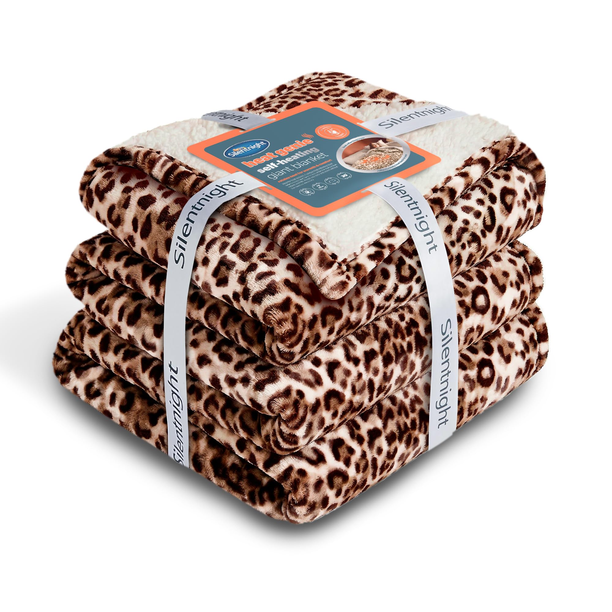 Silentnight Heat Genie Self Heating Giant Blanket - Cosy Warm Faux Fur Sherpa Fleece Throw with Unique Foil Layer to Retain Heat - Extra Large Reversible for Sofa Couch Bed Camping, 180x240cm, Leopard