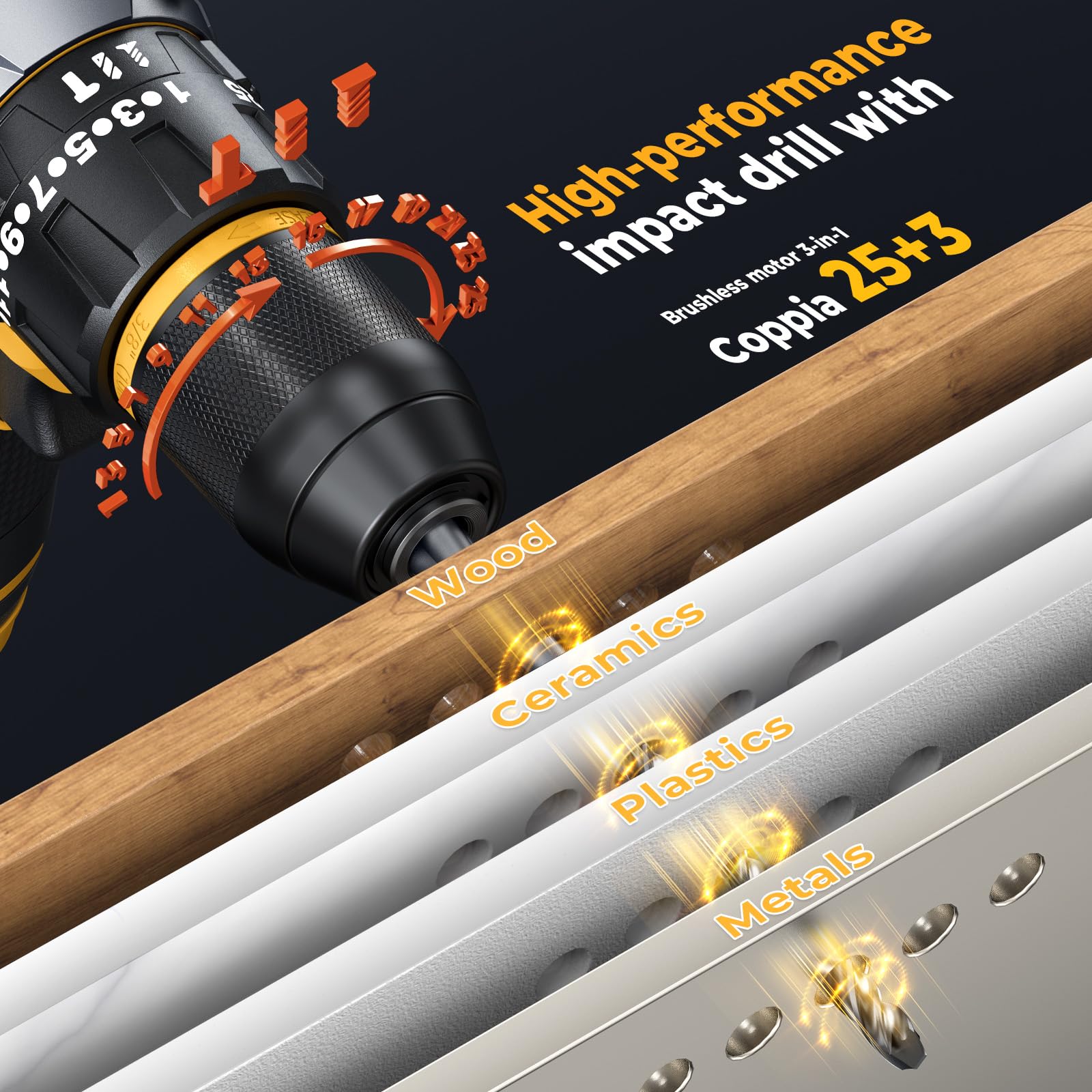 Taladro Percutor a Bateria, 65Nm Destornillador Eléctrico con Ajuste de Par 25+3 Modos, Taladro Atornillador Bateria con 2 Baterías 2000mAh, 2 Velocidad, 28 Accesorios, LED Luz Para Hogar, Bricolaje