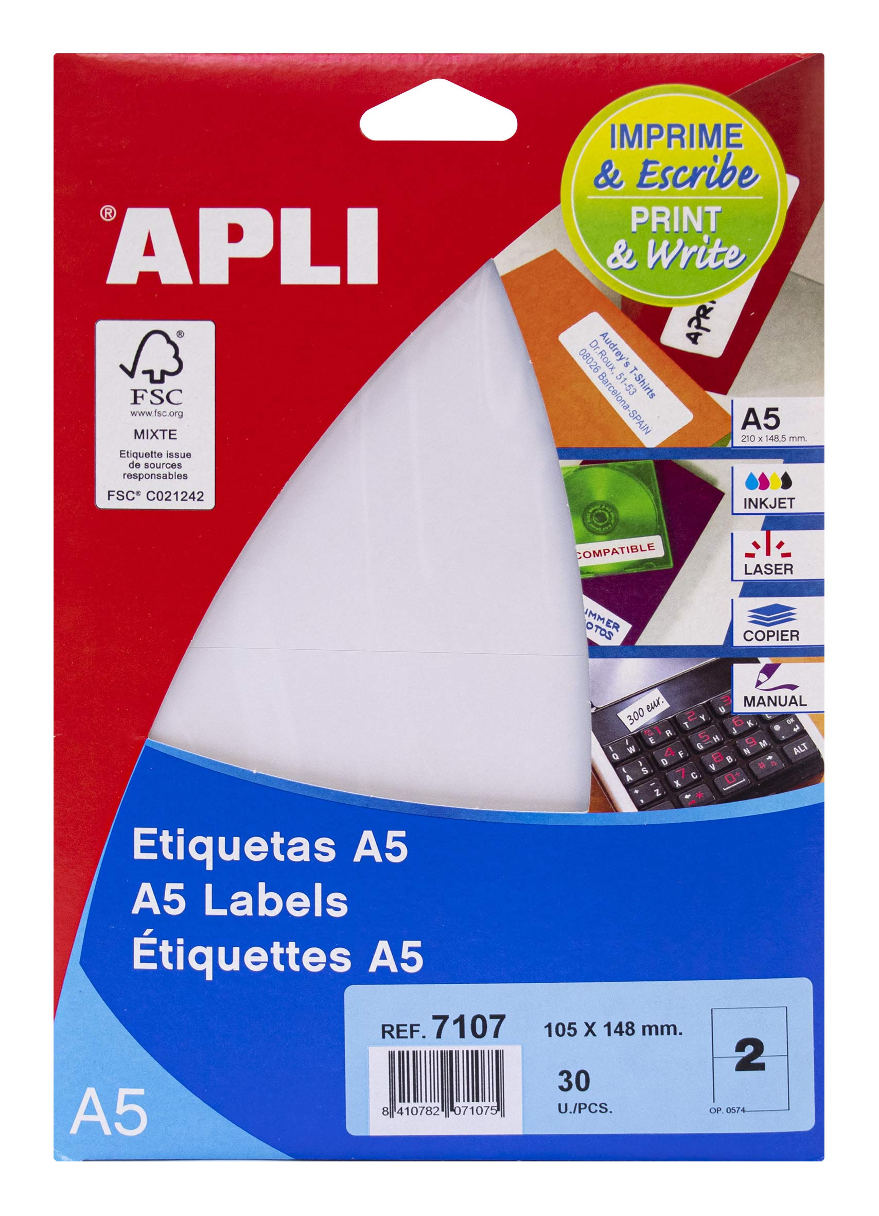 APLI 7107 - A5 White Labels 105 x 148 mm 15 Sheets