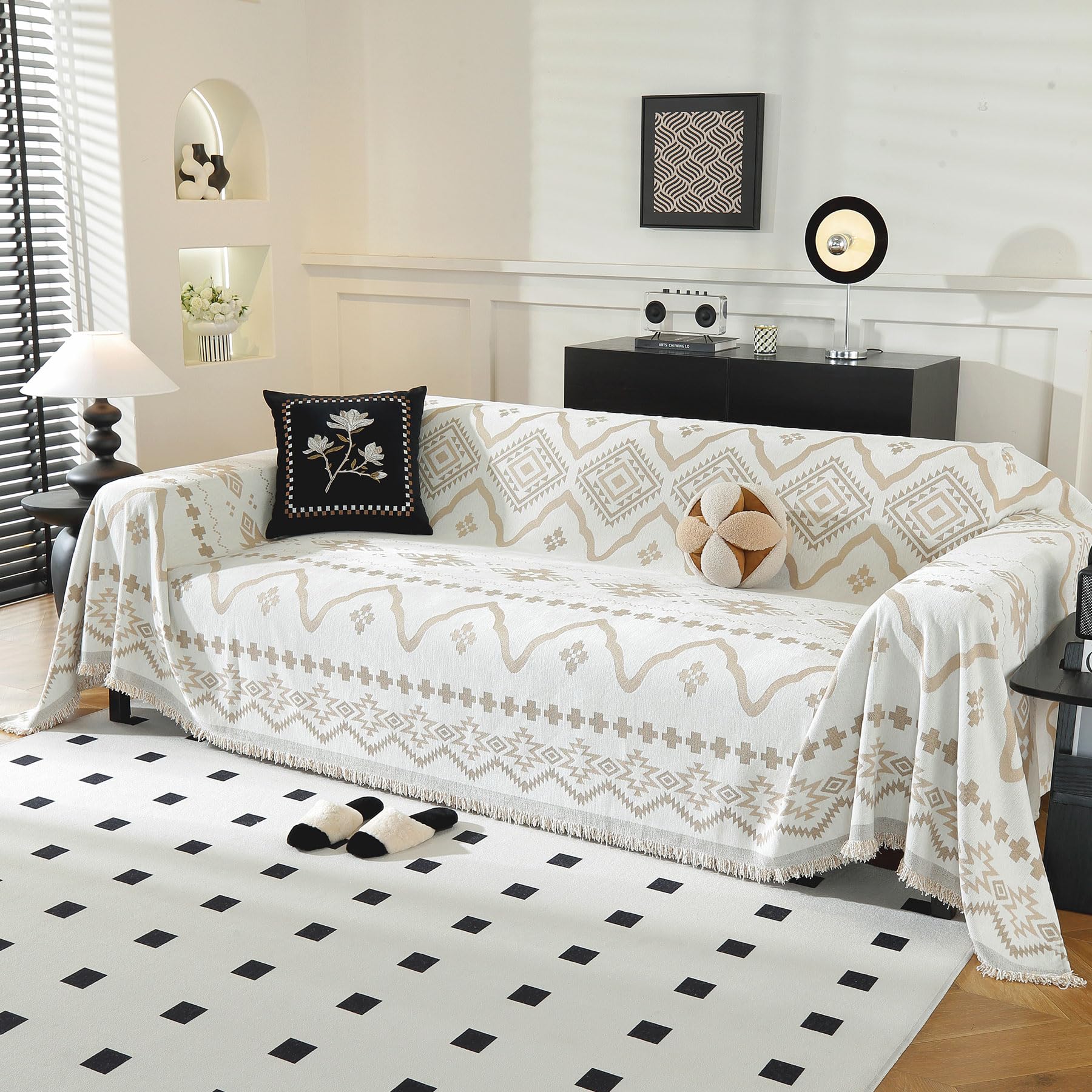 LUFEIJIASHI Boho Couch Covers for Sofa Soft Chenille Non Slip Sofa Covers for 3 Cushion Couch Washable Sectional Couch Covers Large Thicker Furniture Protector for Dogs Pet Friendly (Khaki, 91"x150")