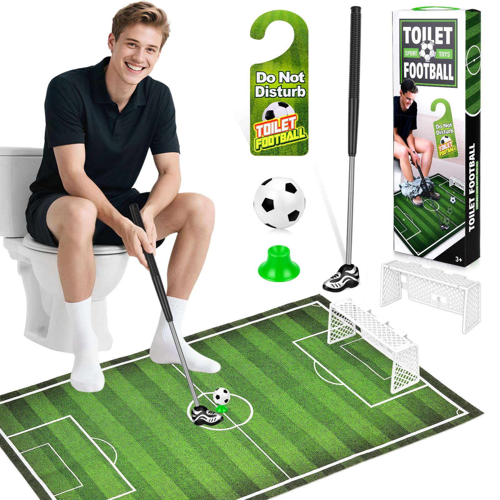 Homgaty Toilet Golf Game - Mini Golf Putting Mat Set with "Do Not Disturb" Sign, Retractable Putter, Balls & Hole, Funny Golf Gifts for Men, Joke Birthday Presents for Boyfriend - with Football Design