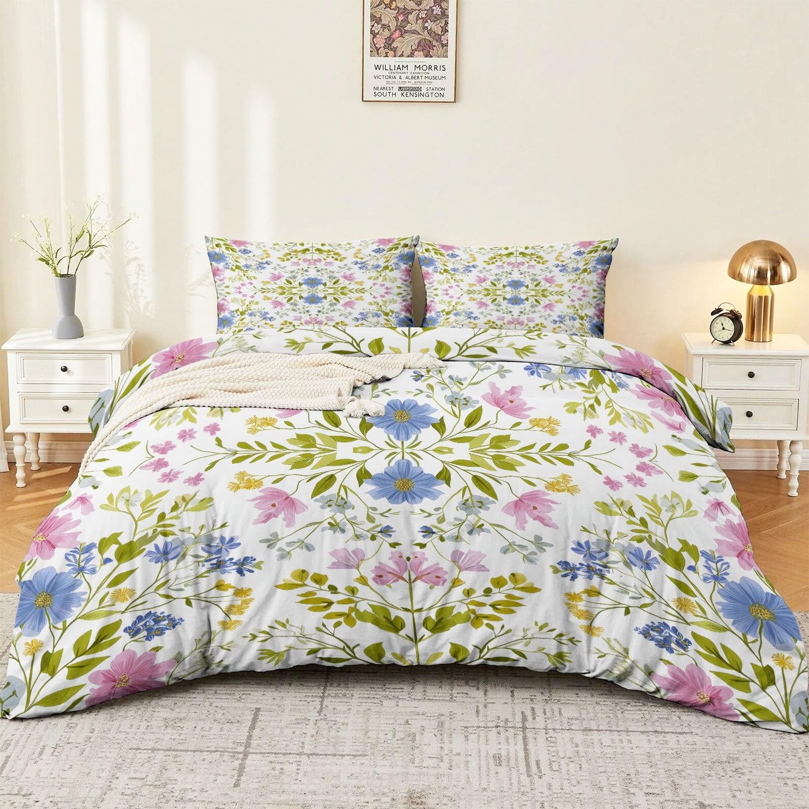 Housse de couette pour enfants filles rose parure motif fleurs William Morris en microfibre