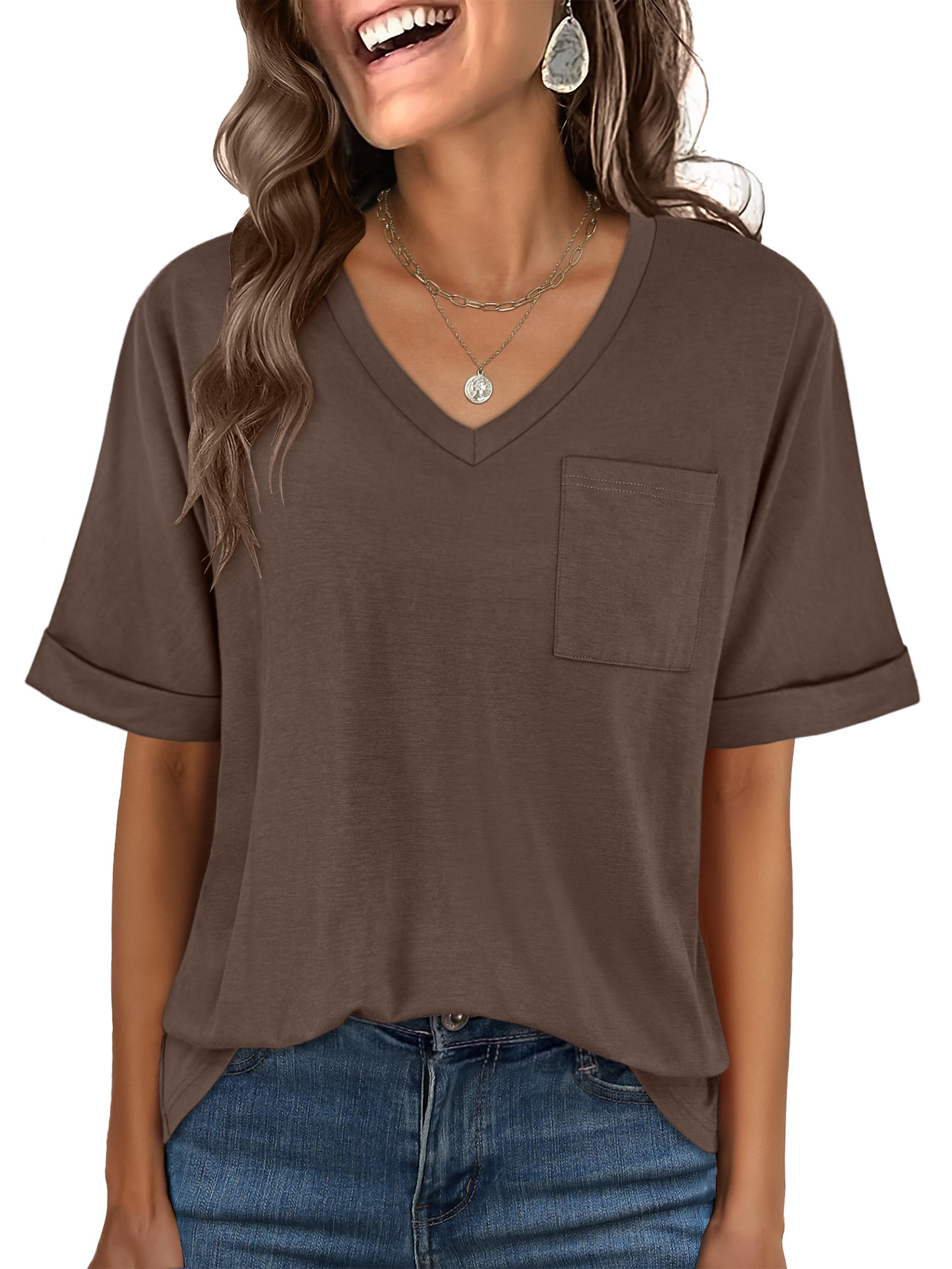 ANRABESS Women T Shirts Oversized Short Sleeve V Neck 2025 Summer Casual Loose Tops Basic Tee Shirts Outfits with Pocket