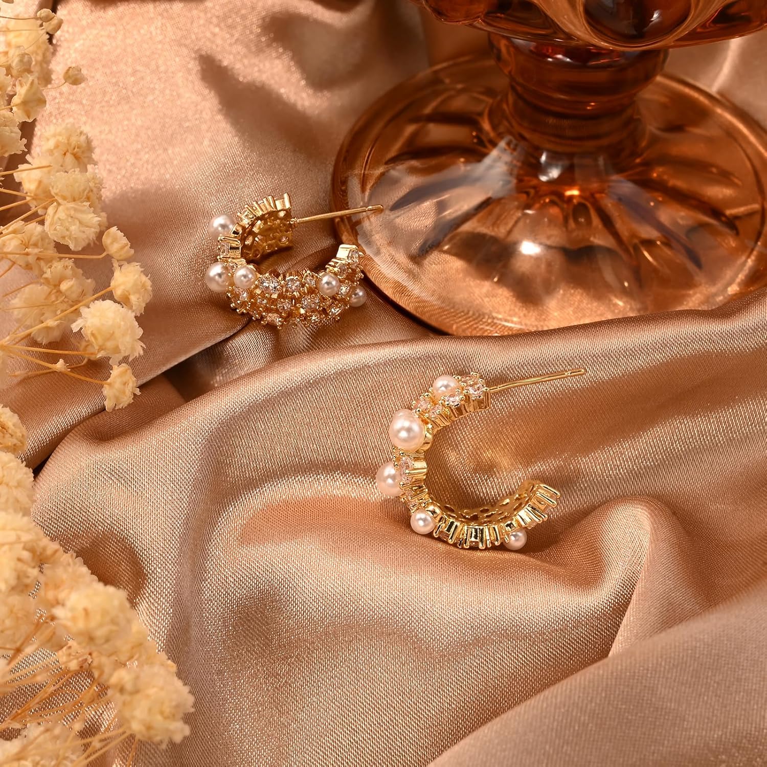 14K Gold Plated Pearl Hoop Cubic Zirconia Wedding Earrings for Bride and Bridesmaids White Pearl CZ Circle Earrings for Women - Image 5