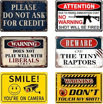 FOTN Vintage Warning Sign Metal Tin Sign 6 Pcs, Funny Sarcastic Metal Tin Signs for Home Outside Garage Man Cave Cafes Bars Pubs Shop Funny Retro Signs for Men Art Wall Decoration Plaque 12 X 8