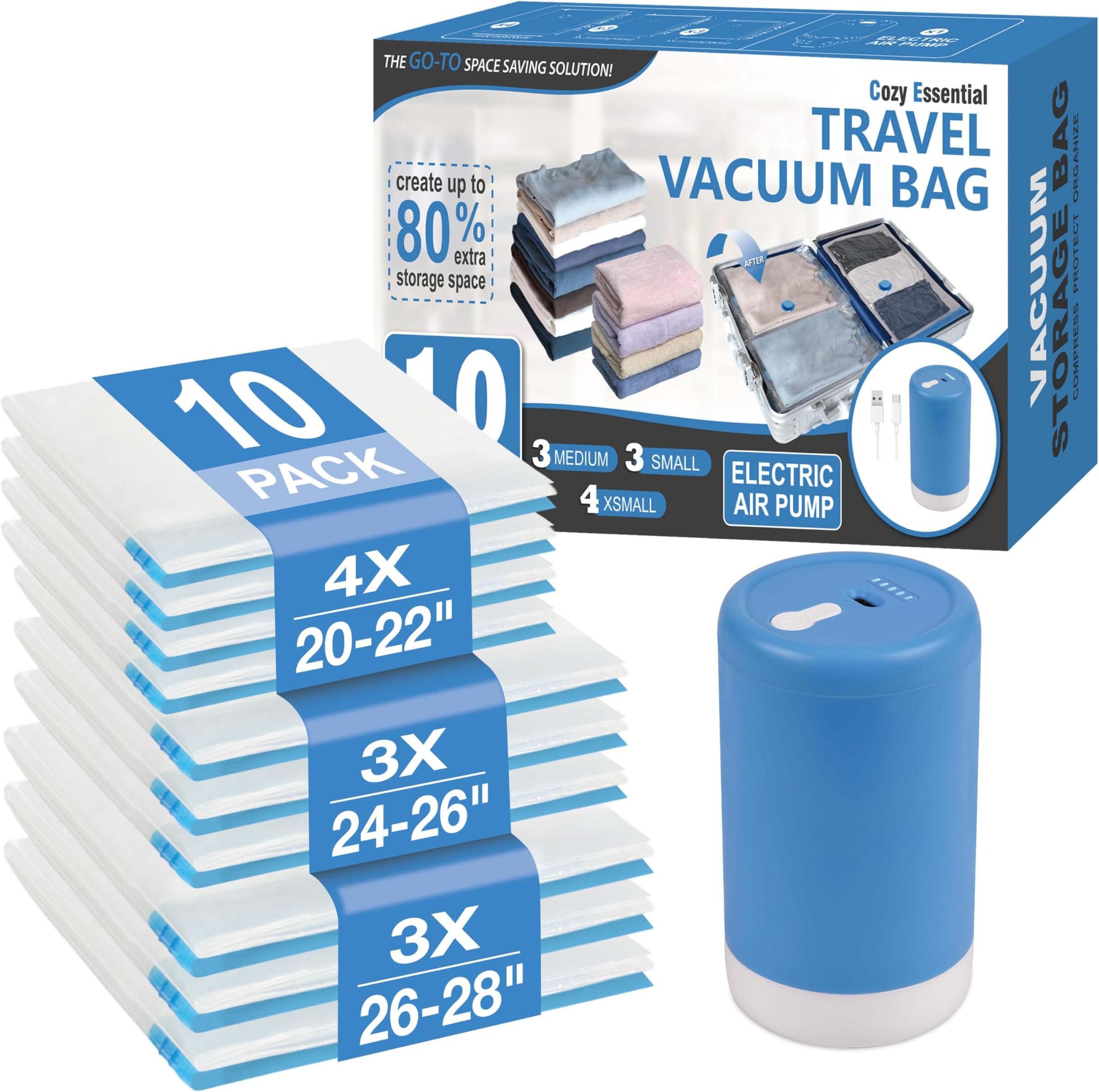 Cozy Essential Travel Vacuum Storage Bags with Rechargeable Cordless USB Pump, Space Saver Bags for Luggage, Suitcase, Carry-On, for Clothes, Blankets, Bedding & Seasonal Storage,10 Combo