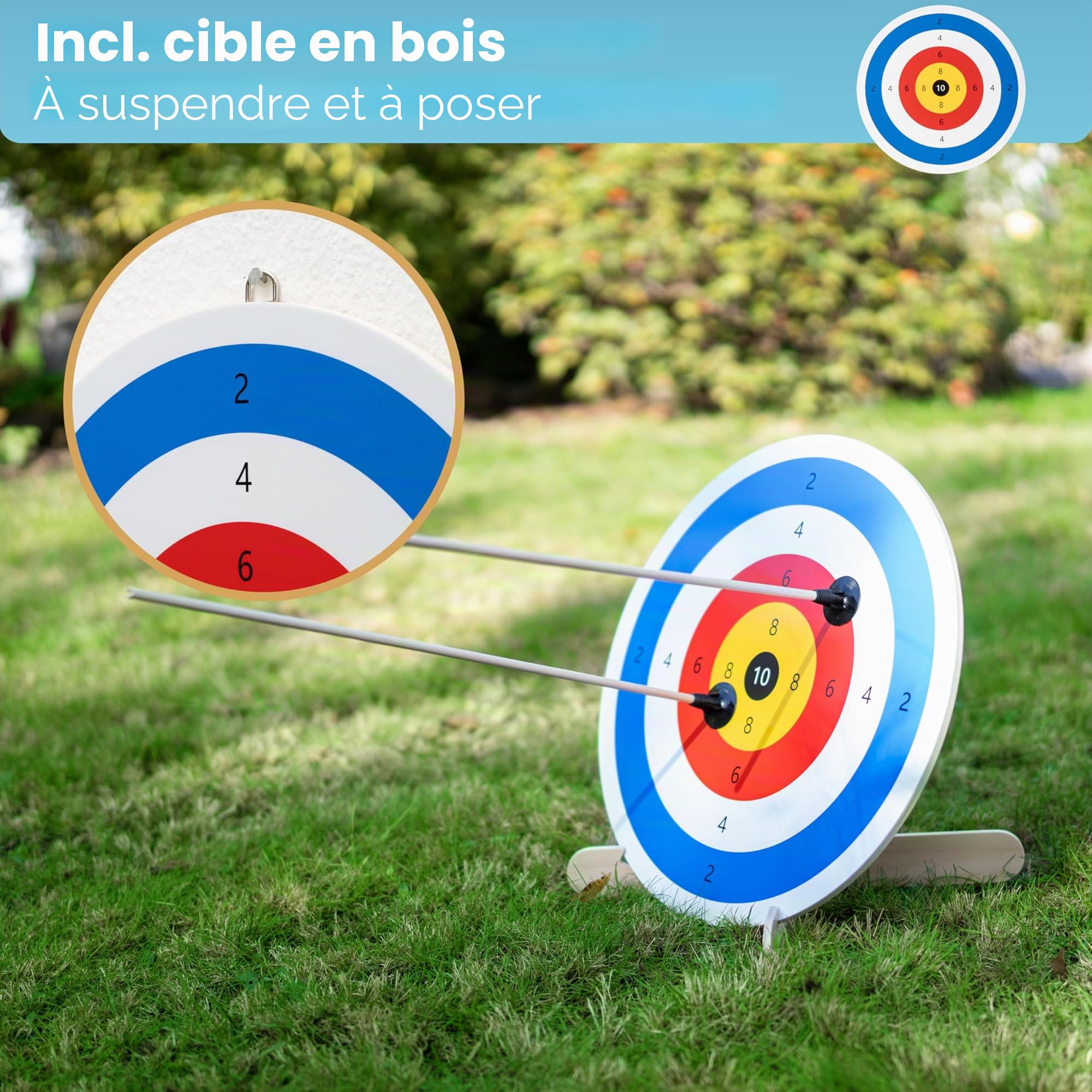 BOWRILLA Flèche et arc pour enfants avec 4 flèches à ventouse, cible en bois et carquois | Jouet de tir à l'arc pour enfants pour les jeux d'intérieur et d'extérieur à partir de 5 ans | Pour droitiers