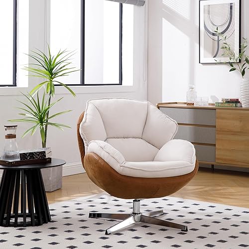 Miniatura 3 de Silla giratoria de acento tapizada de chenilla, moderna silla de sala de estar con respaldo, base de metal de 360 grados, silla de lectura sin