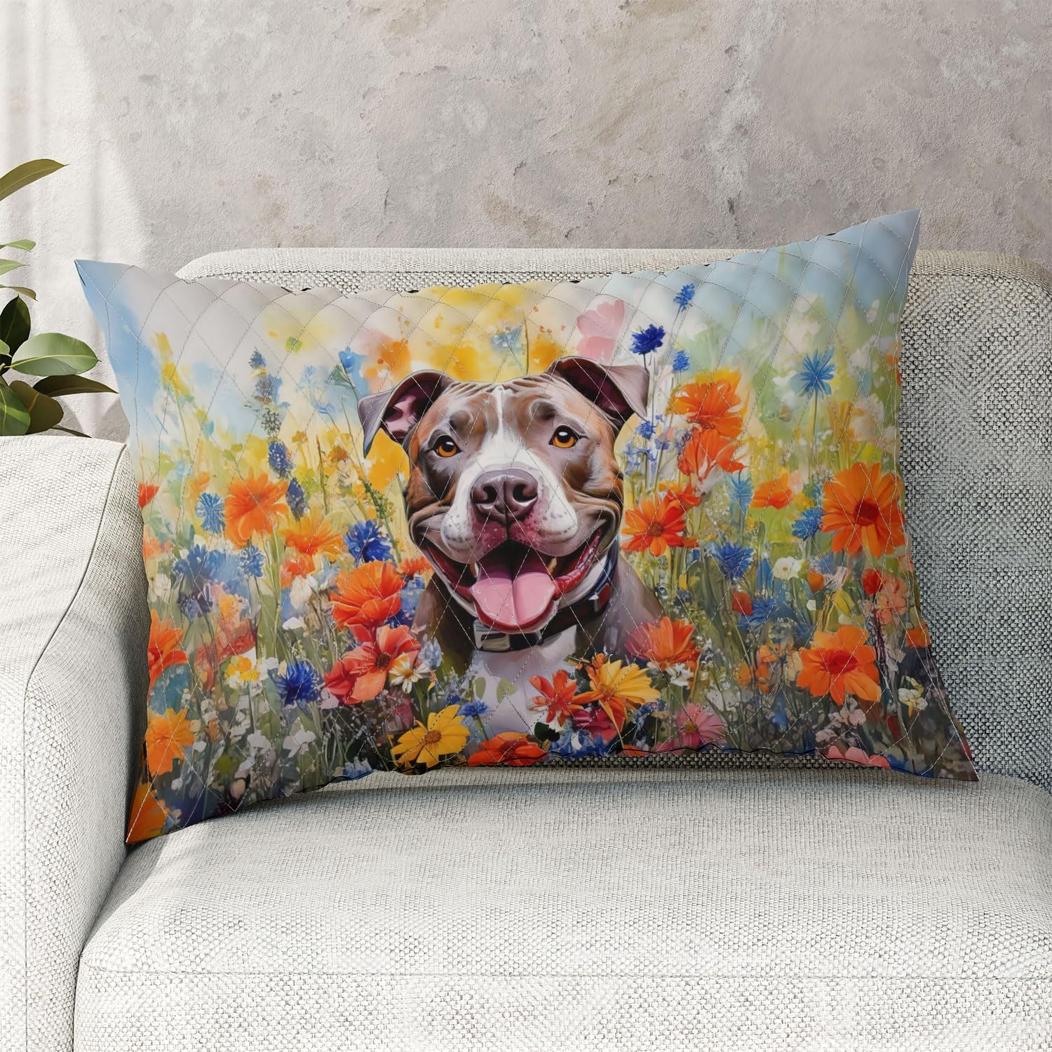 Welcome Spring Summer Pitbull Portrait Flower Blue Sky Quilt Pillowcase Terrier Dog Lover Throw Pillow Cover Bed Home Decor 12001