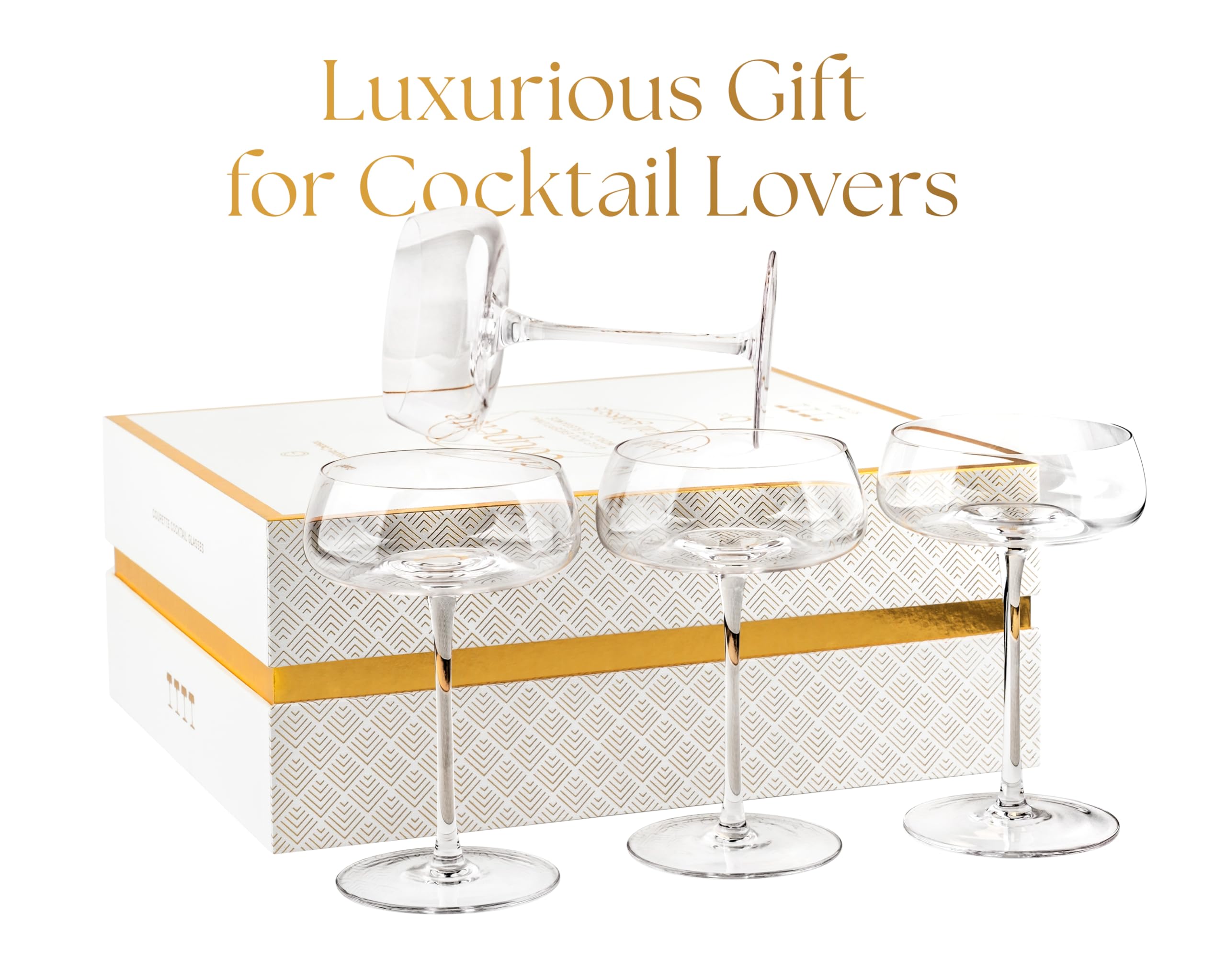 GLASSIQUE CADEAU Bicchieri da cocktail e champagne in cristallo, set da 4, eleganti bicchieri da 255 ml, per espresso Martini, Daiquiri, Cosmopolitan, Gimlet | piattini rotondi fantasia