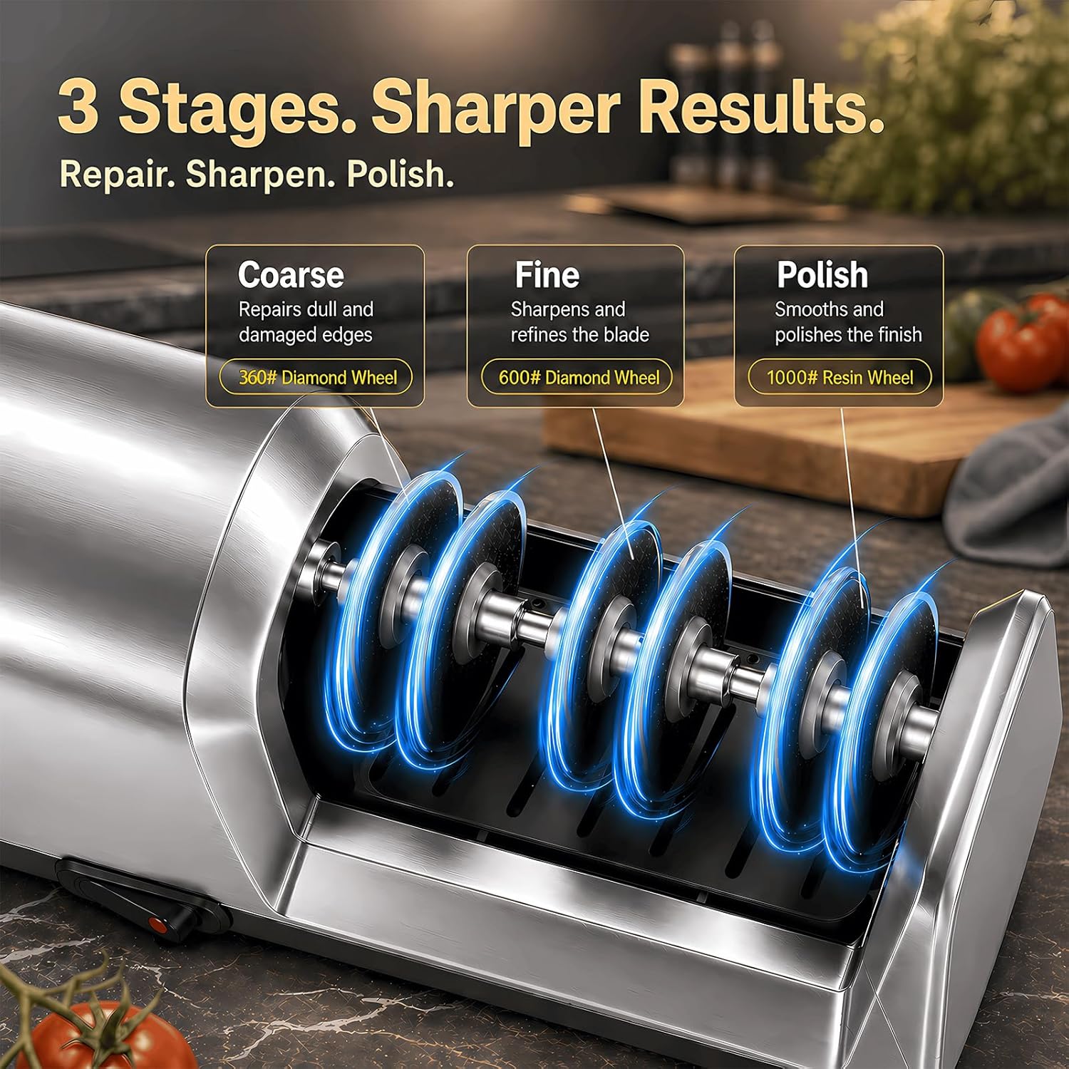 Electric Knife Sharpener for Kitchen, 3-Stage Professional Kitchen Knife Sharpener with 15° Precision Angle Guide, Fast & Portable Stainless Steel Grinding Tool for Sharpening, Repairing & Polishing
