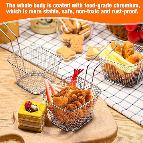 Miniatura 7 de Potchen 40 piezas mini cesta cuadrada para freír con 400 hojas de papel de cera, papas fritas delicatessen, soporte de acero inoxidable para