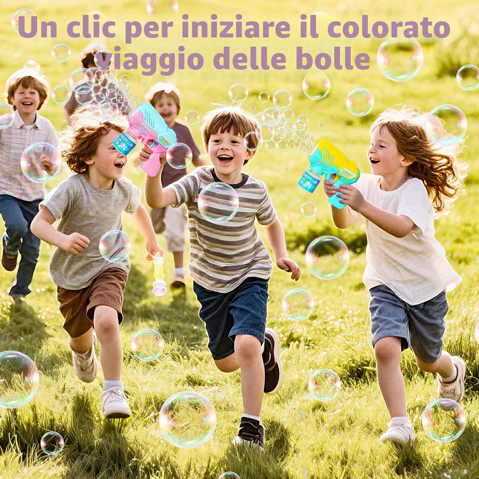 Pistola Bolle di Sapone, Sparabolle di Sapone - Set da 2 Pezzi - 20 Confezioni di Liquido per Bolle, Design a Colori con Giunzioni, con Luce LED, Completamente Automatico