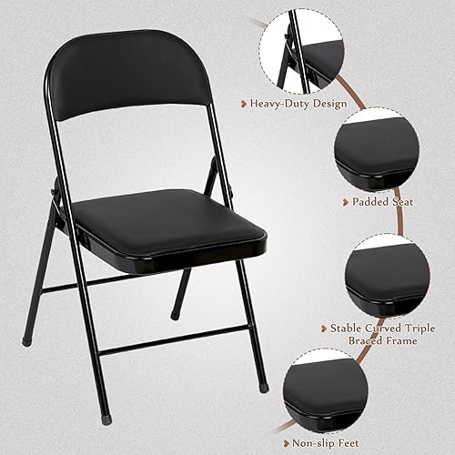 Miniatura 8 de Paquete de 4 sillas plegables, cómodos asientos acolchados con cojín de cuero, silla plegable con marco de acero duradero, ahorro para uso en el