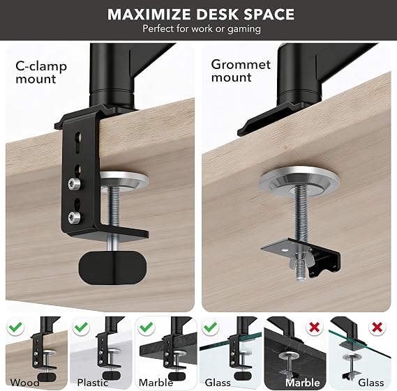 Mount-It! Single Monitor Arm Desk Mount, Gas Spring Monitor Mount, Fits 1332 Screens up to 17.6 lbs, VESA 75x75 & 100x100, Full Motion Tilt Swivel Rotate, C-Clamp & Grommet Base