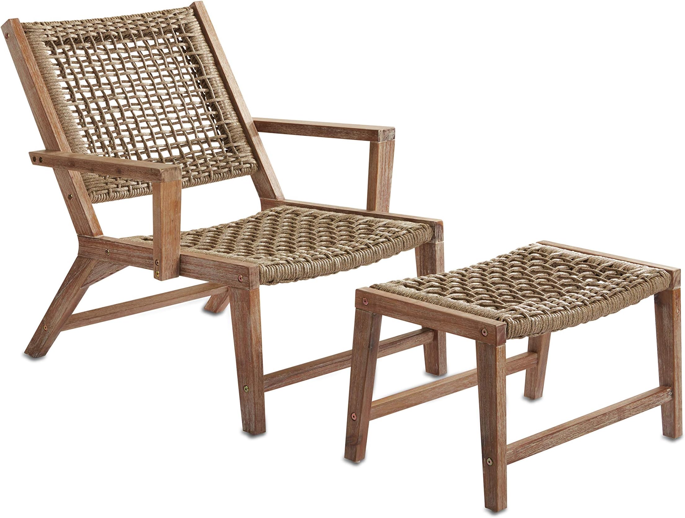 SG65 | Sedona Outdoor Chair with Ottoman | Real Wood & Rope Weave Design, Ivory Brushed