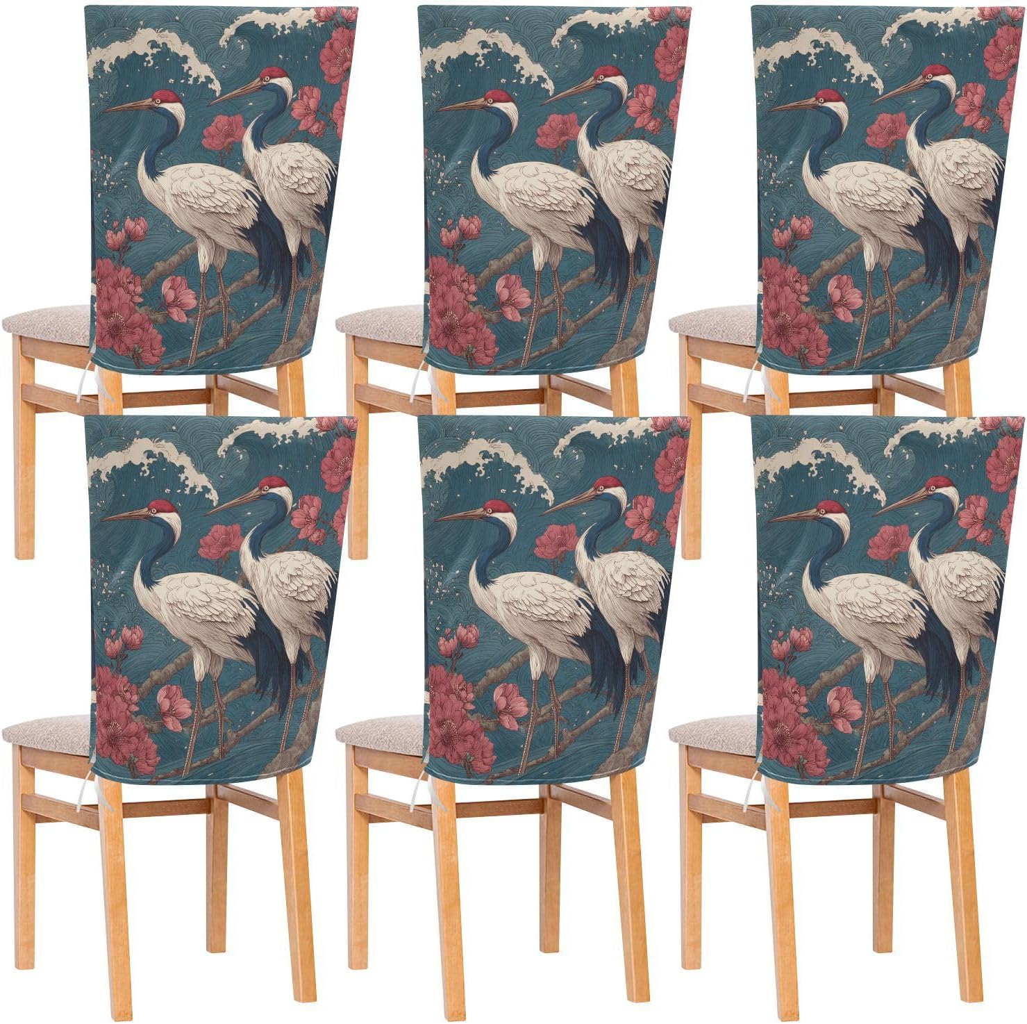 ALAZA Japanese Ocean Waves Cranes Peony Chair Back Cover Set of 6, Washable Reusable Removable Chair Slipcovers Decorative Chair Cover for Home Kitchen Wedding Party