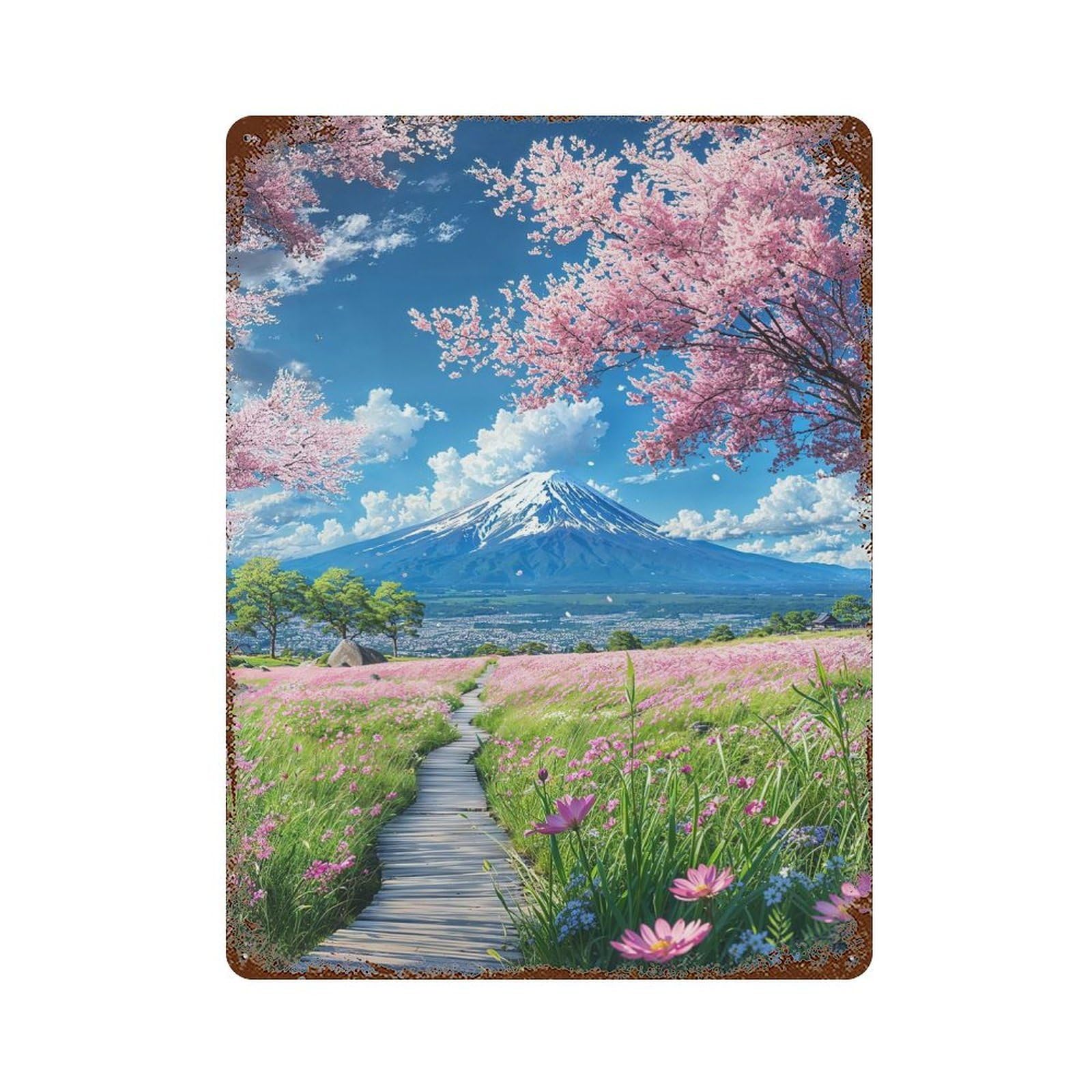 Mount Fujis Blossom Trail Decorative Tin Sign 15.7"x11.8", for Bistro, Counter And Cafe Decor, Classic Wall Plaque