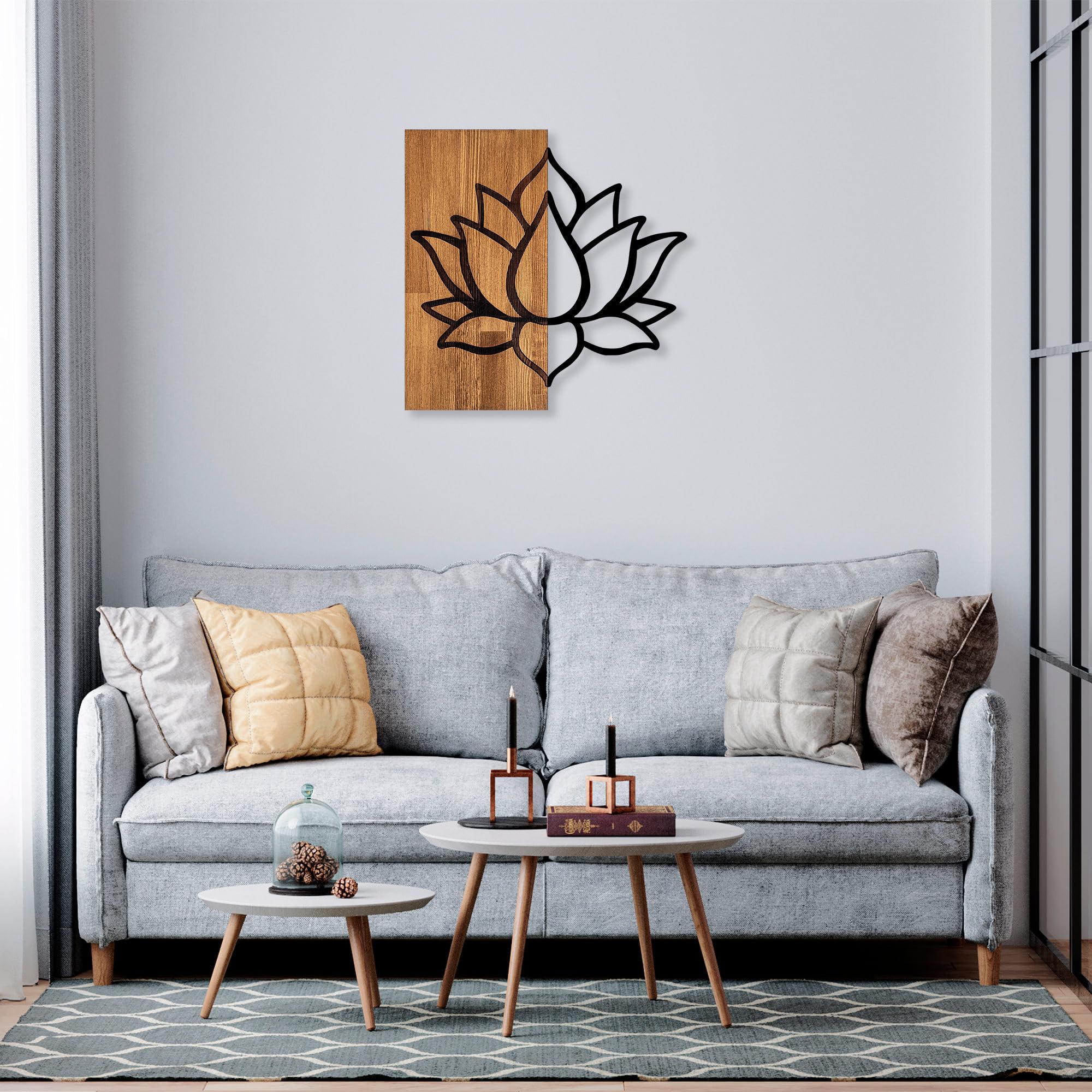 Elegant Decorative Wooden Wall Accessory, Walnut & Black, 58 x 60 cm, 50% Wood (3 cm) & Metal (1.5 mm), Unique Texture & Colour Variations