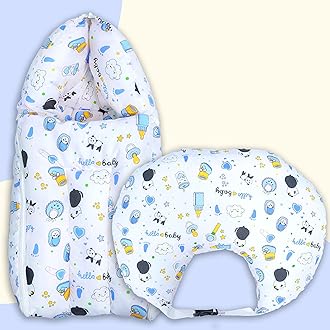Baby Bedding Set Combo for New Born - Baby Sleeping Bag, Baby Feeding Pillow Ideal for 0 to 6 Months Babies (Panda Blue)
