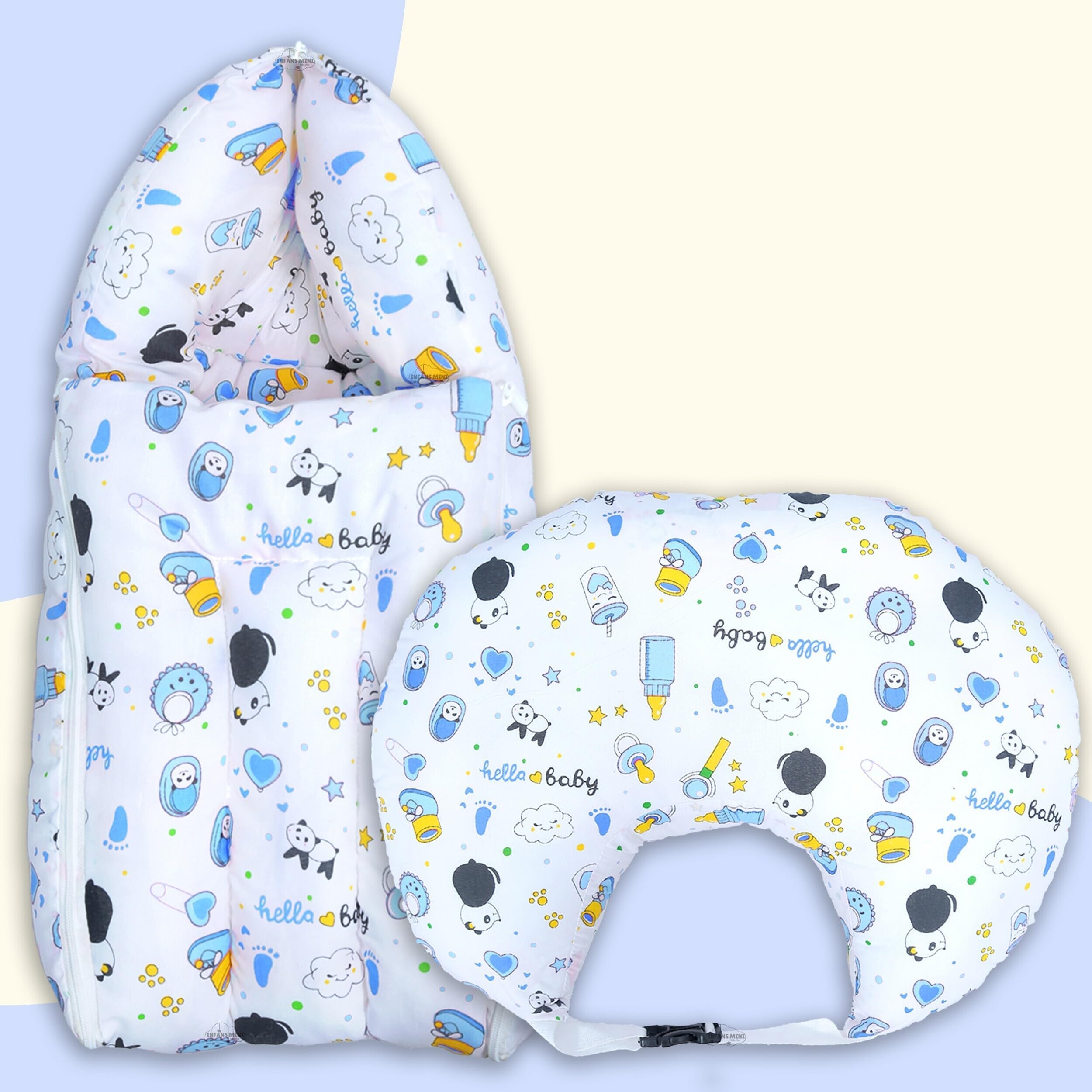 Baby Bedding Set Combo for New Born - Baby Sleeping Bag, Baby Feeding Pillow Ideal for 0 to 6 Months Babies (Panda Blue)