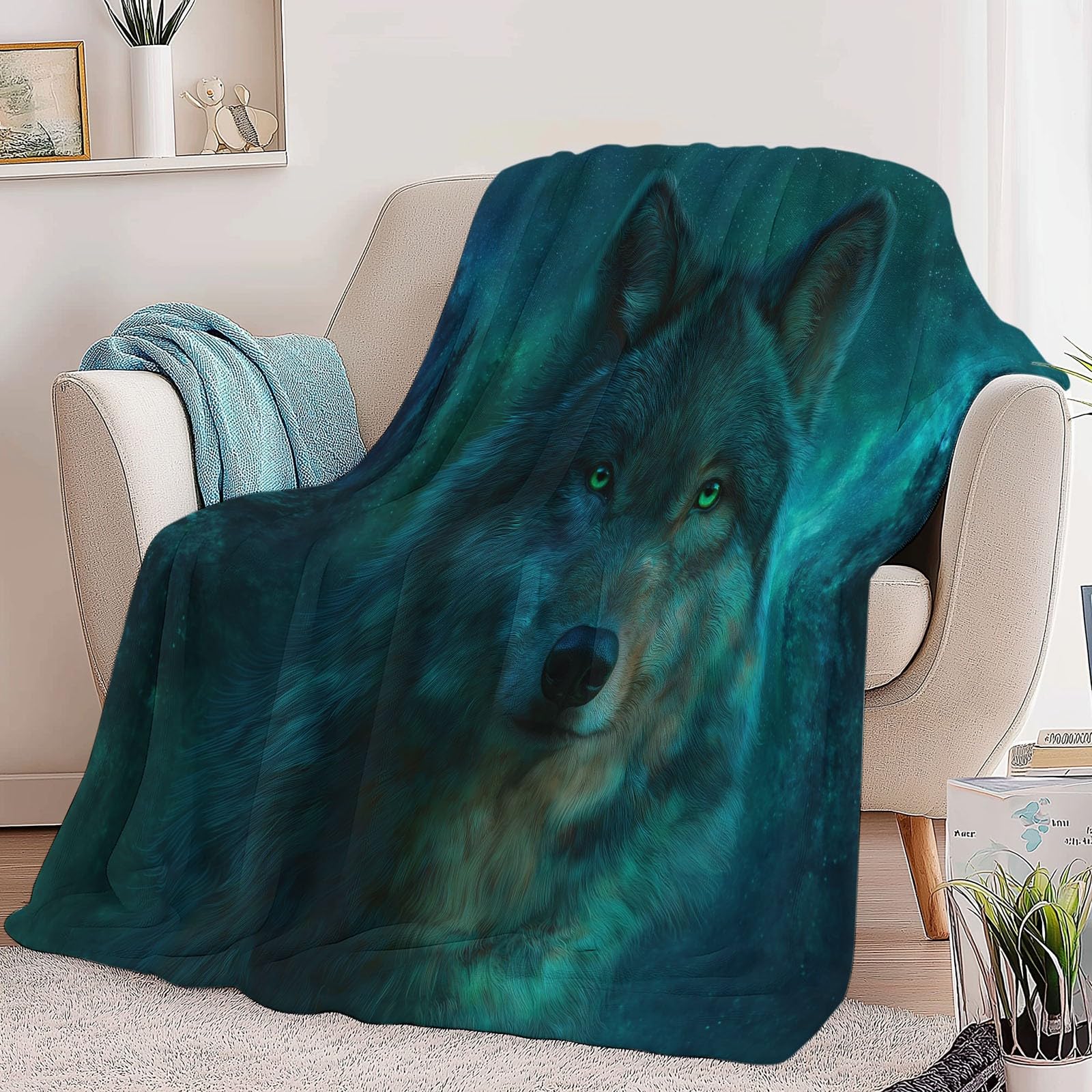 Genérico Wełniany koc 220 x 240 cm zwierzę fantastyczny magiczny las wilk szerpa wełniany koc, zielony flanelowy koc polarowy koc pluszowy dzieci dorośli młodzież łóżko sofa sypialnia żłobek koce