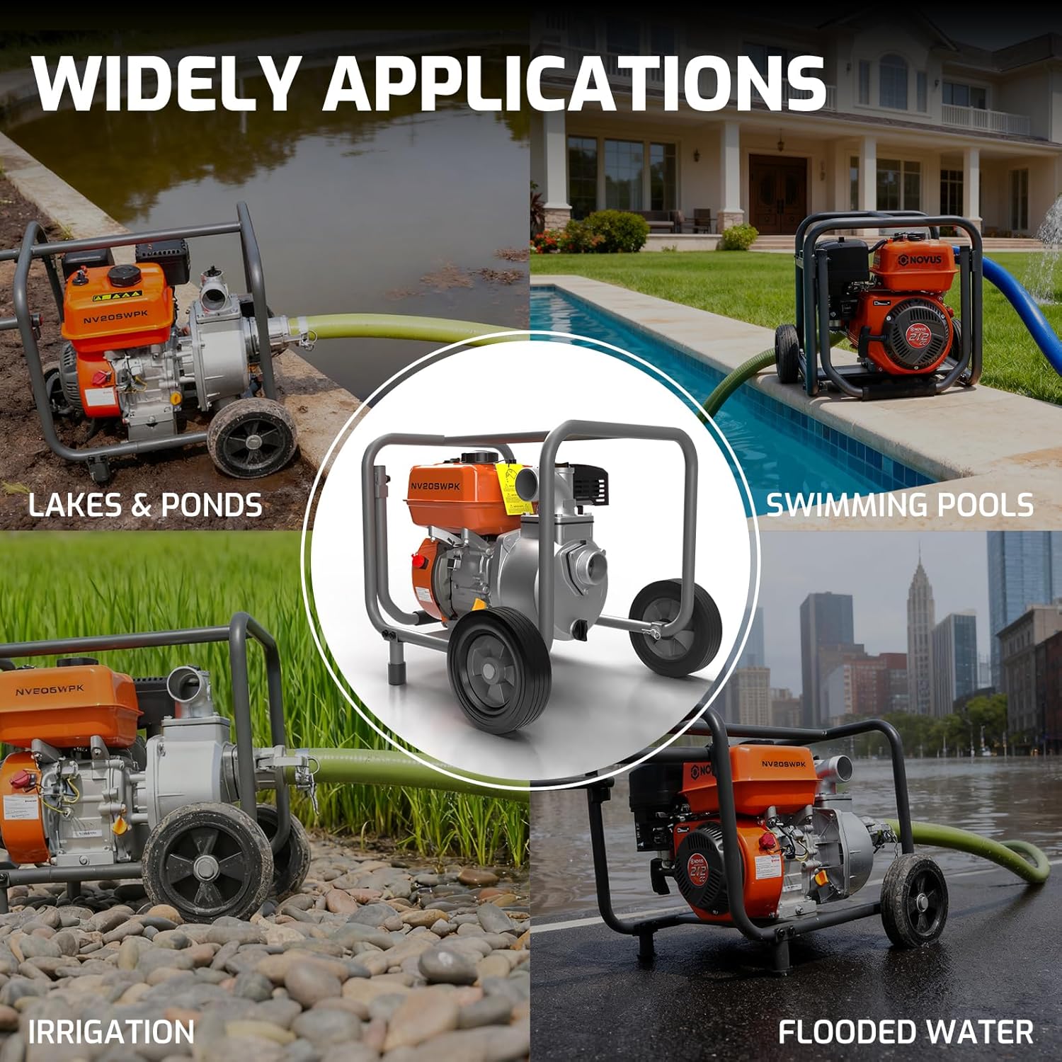 NOVUS 2-Inch Semi Trash Pump with Foldable Handle and Wheels, 212cc 4 Cycle Engine, 50ft Discharge Hose, 12ft Suction Hose with Quick Cam Lock Coupler,Gas Powered Irrigation Water Pump, EPA Certified